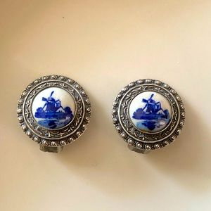 Vintage Delft Style Windmill Clip On Earrings